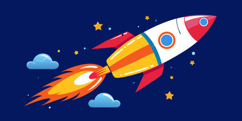 A vibrant rocket blasting off into space, surrounded by stars and clouds, perfect for space travel, futuristic, or children's themed designs.