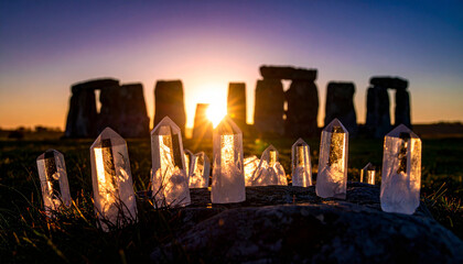 Crystal Grid Ritual at Stonehenge Sunrise. Autumn Equinox Day concept. Generated Image