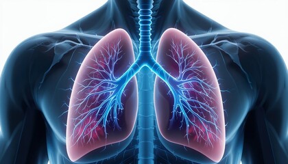 Human lungs anatomy with glowing neural connections, highlighting respiratory system and bronchial network. Futuristic medical concept. High-resolution 3D illustration