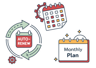 Illustration of monthly plan and auto renewal process with calendars and gears