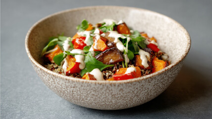 A healthy bowl of roasted vegetables, quinoa, greens, and creamy dressing served in a rustic ceramic bowl on a gray surface.
