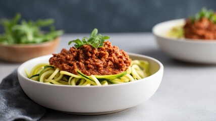 A bowl of zucchini noodles topped with rich, meaty tomato sauce and garnished with fresh herbs, with a blurred second bowl and greens in the background.