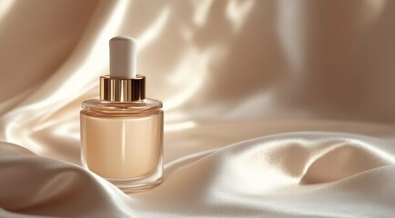 Naklejka premium Cosmetic bottle with dropper on silk backdrop for skincare product.