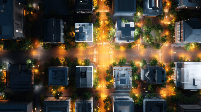nighttime aerial view of a well-lit city intersection surrounded by buildings and tree-lined streets.
