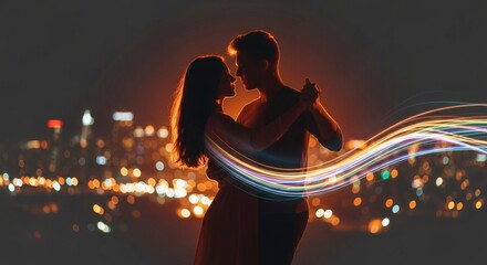 Silhouette of a couple dancing with light trails and a blurred city skyline at night in the background