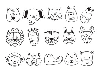 Cute wild animal faces in black and white outline drawings, vector illustration. The set comes with 15 jungle animal faces, including a tiger, lion, elephant, fox, bear, capybara, giraffe, zebra.