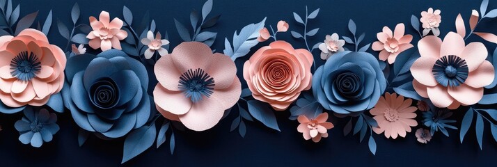 The flowers are 3-D, with sculpted petals, and are interspersed with stylized leaves and smaller blossoms