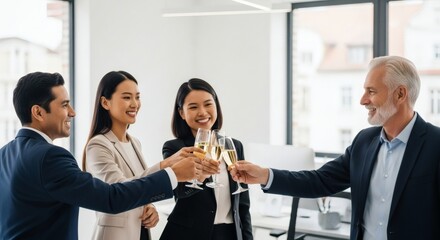 Obraz premium Group of business people toasting with champagne glasses in an office celebrating a success together