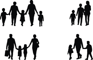A collection of black family silhouettes walking together. Vector set of parents and children holding hands. People and group icons for design elements.
