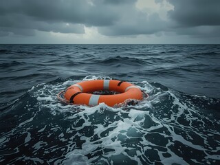 Bright orange lifebuoy floating alone on rough, dark ocean water under a dramatic stormy sky, symbolizing danger, survival, rescue, and maritime emergency situations