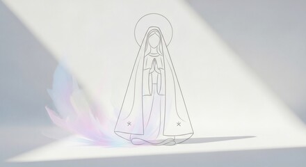 Fototapeta premium Outline drawing of a praying figure with a halo on a white surface with light and shadow details