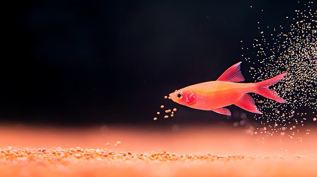 Vibrant red fish swims through a cloud of tiny food particles in an aquarium