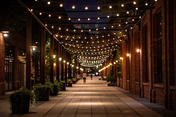 A serene evening stroll down a beautifully lit alleyway adorned with string lights