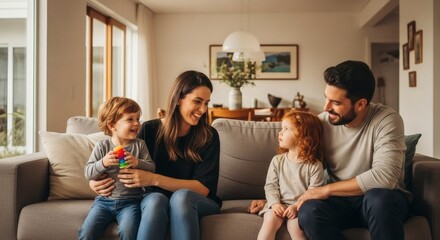 A family of four sitting on a couch in a living room with natural light and a painting on the wall