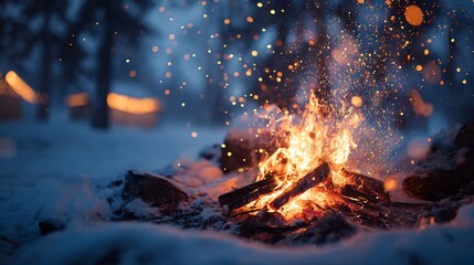 A warm campfire burns brightly in a snowy winter forest, sparks flying.