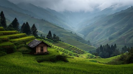 Fototapeta premium Misty Mountain Rice Terraces Landscape with Hut