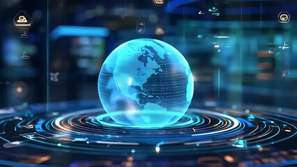 Glowing blue holographic Earth, digital circular interface, futuristic technology - Powered by Adobe