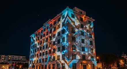 Building illuminated with colorful projections at night creating a vibrant and artistic display on the facade
