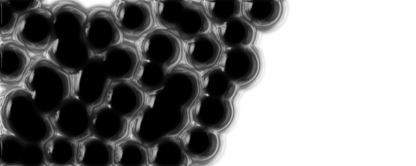 Abstract vector background with glossy black organic shapes resembling cells or bubbles, outlined by a luminous sheen against white space. Modern, fluid texture ideal for tech, science, or digital art