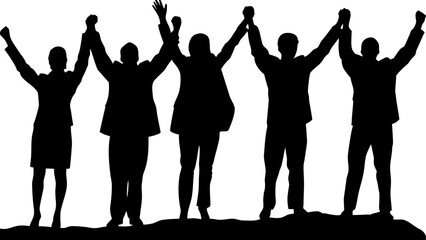 Silhouette of five people with raised arms in celebration and success against a white background view