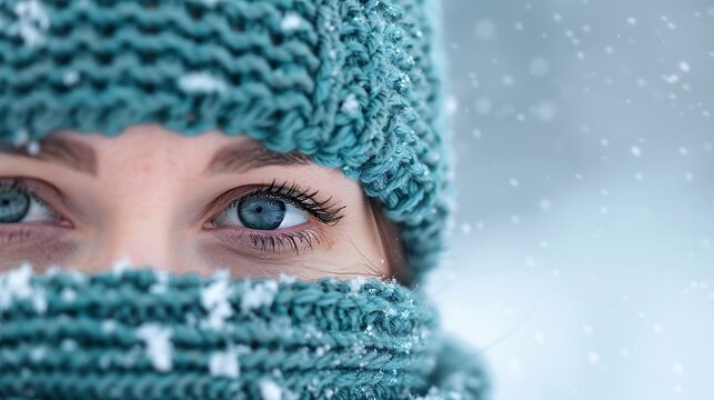 Close up of a woman s blue eyes and face covered by a teal knitted hat and scarf during snowfall