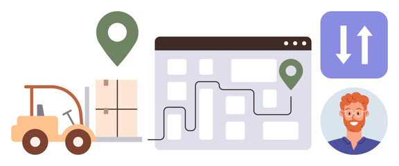 Forklift moving cargo, delivery tracking map with location markers, customer avatar, and direction arrows. Ideal for logistics, supply chain, delivery service, transportation, e-commerce tracking
