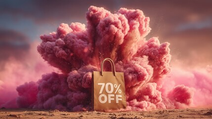 A dramatic shopping bag explodes with pink clouds announcing a huge 70% off sale, symbolizing a bold promotion.