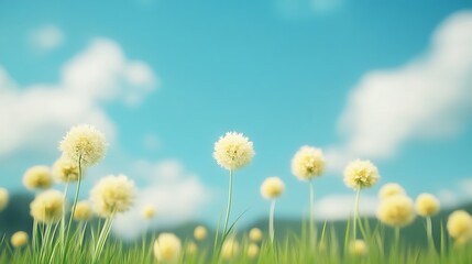 Fototapeta premium Soft focus dandelions blooming under a bright blue sky with fluffy clouds