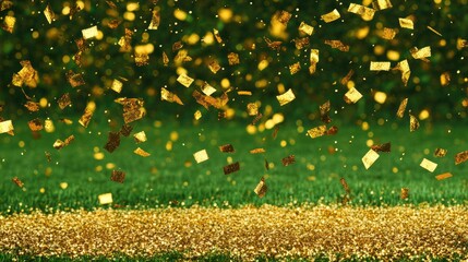 Gold confetti falling on a green background