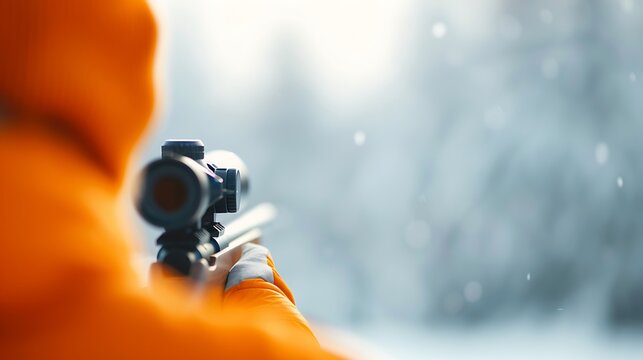 Hunter in orange gear aims rifle with scope in snowy winter landscape