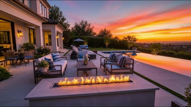 Exterior view of a luxurious house with a pool and patio furniture at sunset showcasing the sky