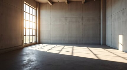 Empty room with large windows and sunlight. 