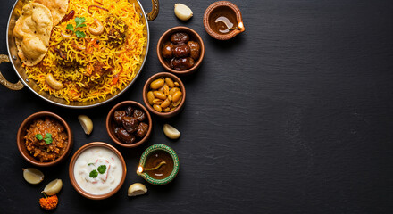 Top-down view of a delicious Indian food feast with biryani, various accompaniments, and festive lamps