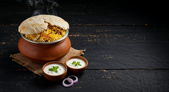 Traditional Indian Dum Biryani in a steaming clay pot with raita and onions on a rustic wooden table