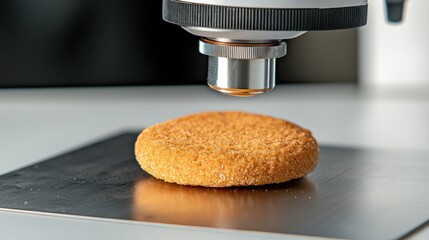 Food safety certification concept. A close-up image of a food patty being examined under a microscope or scientific equipment in a lab setting.