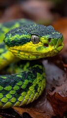 Fototapeta premium A green and yellow snake is curled up on the ground