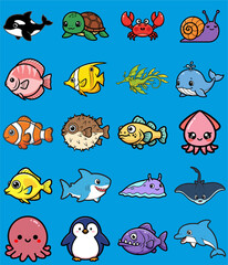 Vector illustration of various cute cartoon sea creatures including fish, octopus, whale, turtle, dolphin, crab, squid, penguin, and seaweed. Bright, playful ocean-themed character set