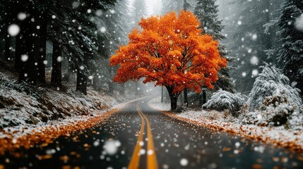 A brilliant orange tree blazes with color amidst a snowy forest, blending autumn and winter.