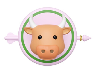 3D rendered cute cartoon cow head with horns, centered in a pink target circle with an arrow. Modern minimal style for agriculture, finance, or zodiac concepts.