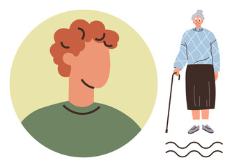 Boy with curly hair in a circular frame beside an elderly woman with a cane in a blue sweater. Ideal for family, aging, life stages, diversity, relationships, caregiving, community. Simple flat