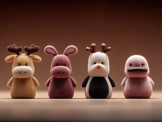 A lineup of four fuzzy cartoon animal figures moose, bunny, penguin, and platypus posing together on a soft brown backdrop.