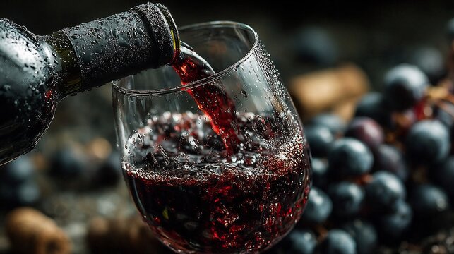 Red wine pours from a chilled bottle into a wet glass. Grapes nearby. - Powered by Adobe