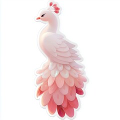 A stylized pink peacock stands tall with layered petal-like feathers in a graceful and elegant pose.