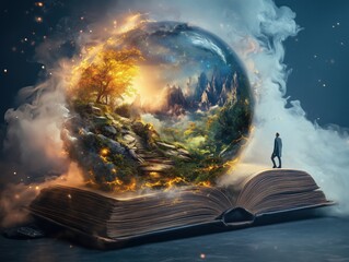 A surreal scene of a man standing on an open book as a glowing portal reveals a fantastical world of trees and mountains.