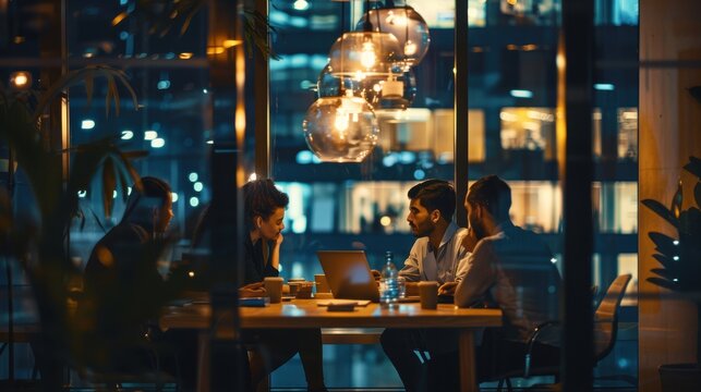 Business people, meeting and laptop in office at night for project development, collaboration or conversation. Discussion, diversity and employees with deadline for teamwork, planning or support
