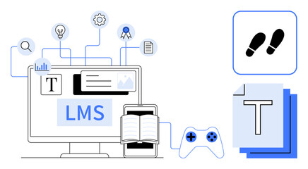 Obraz premium Computer screen with LMS interface, book, game controller, icons for search, light bulb, gears, certificate, and steps. Ideal for e-learning gamification education digital tools online courses