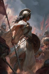 Female Warrior with Spear in Crowd of Soldiers