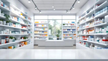 Blurred pharmacy interior with shelves full of medication and white counter