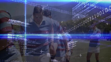 Rugby players raising knees, starting footwork drill on grass while binary overlay intensifying - Powered by Adobe