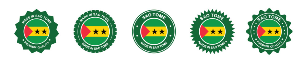 sao tome product label set. sao tome flag, premium made in sao tome. Labels, seals, stamps, flags, icons